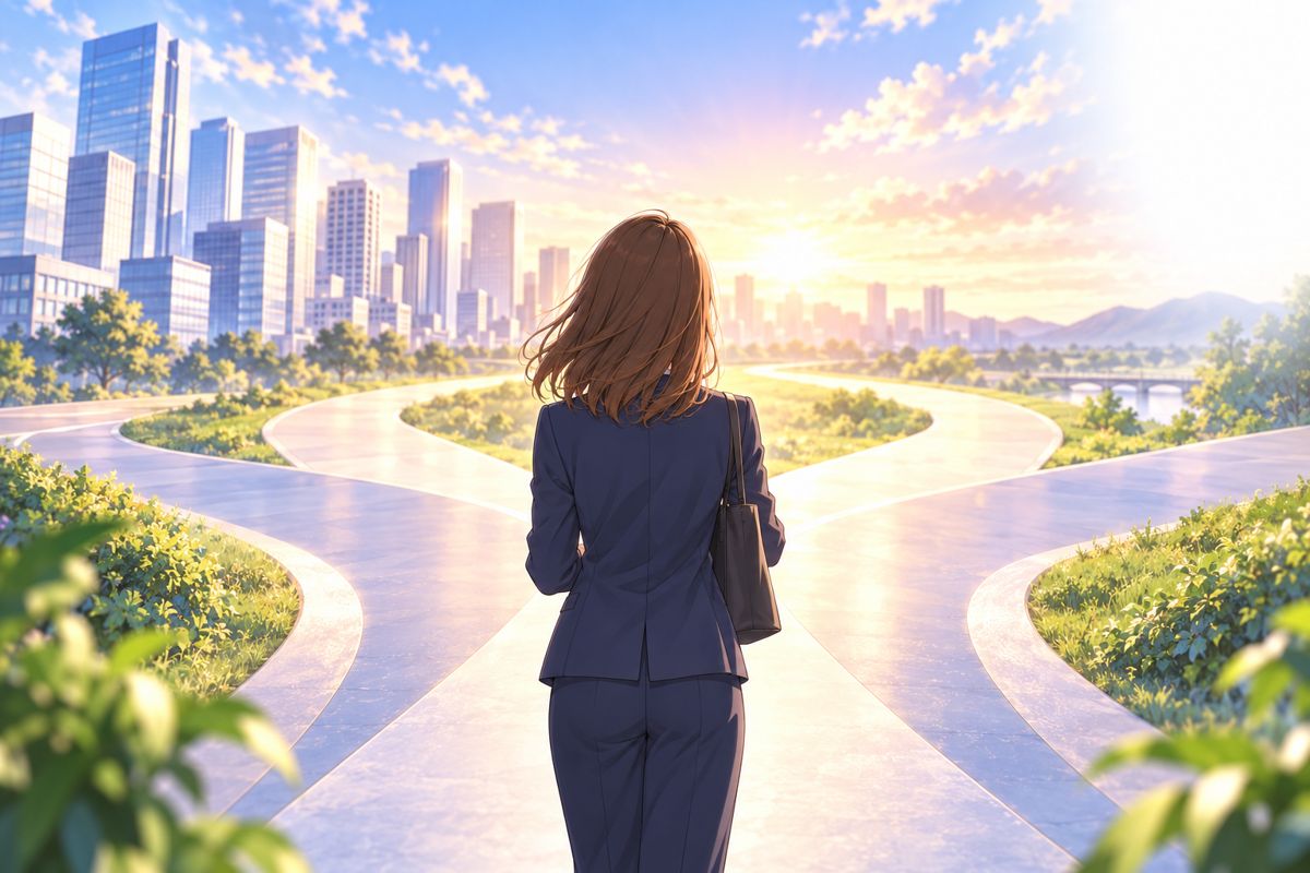 五つの道の前に立つ主人公のイラスト